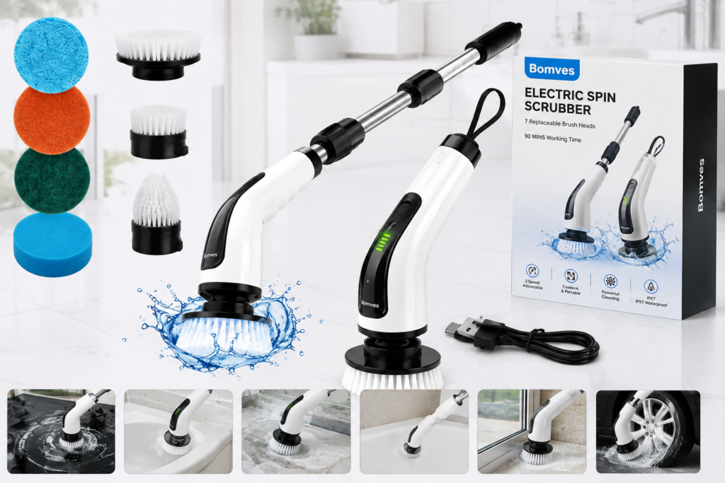 Bomves Electric Spin Scrubber cordless cleaning brush with 7 replaceable brush heads
